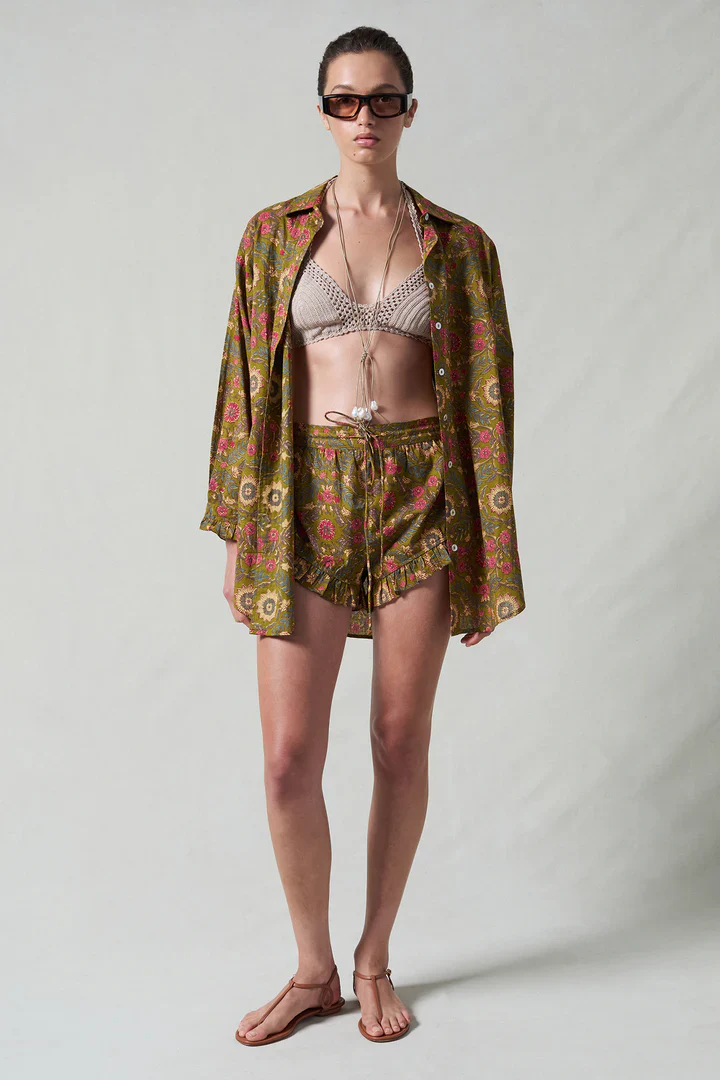 Wildflower Printed Ruffle Short Set Olive Green - Image 3