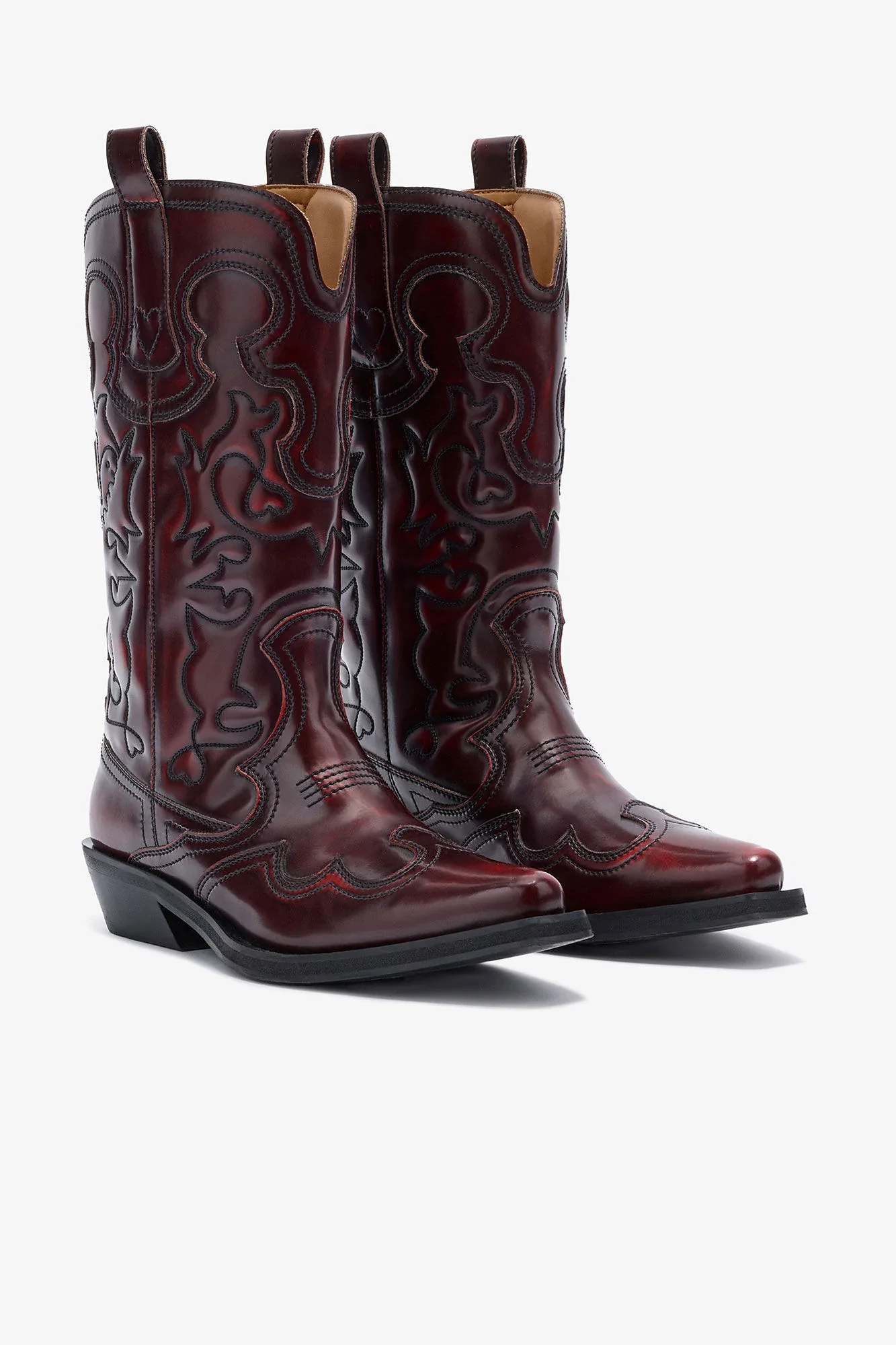 Mid Shaft Embroidered Western Boots in Burgundy - Image 2