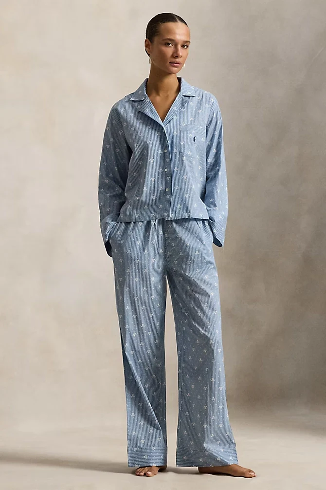 Floral-Stripe Poplin Long-Sleeve PJ Set